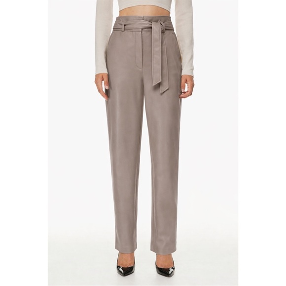 Babaton Aritzia Vegan Leather Belted Pants Taupe High Rise Size 0 - Picture 8 of 13